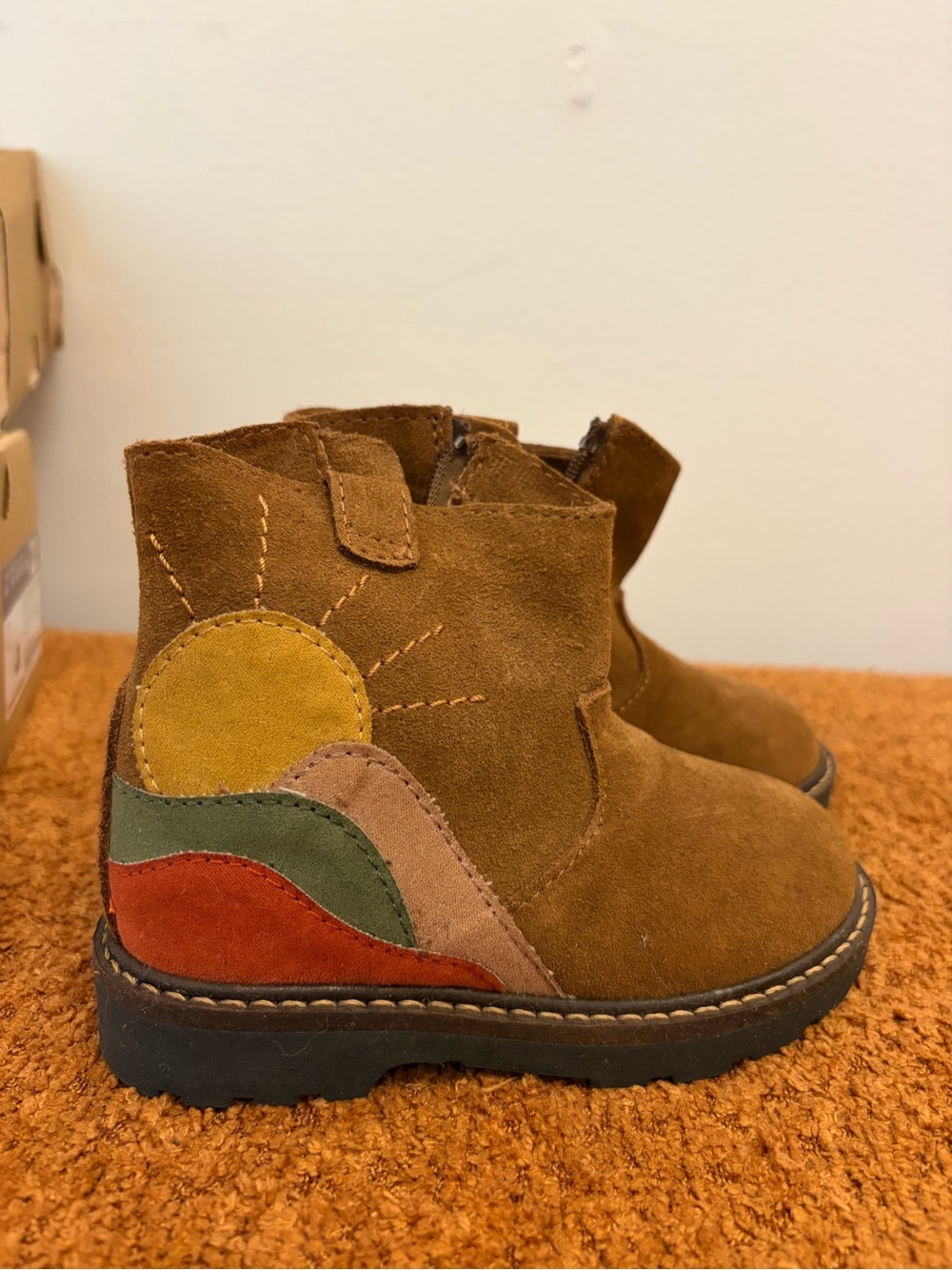 Zara Brown Suede Kids Ankle Boots with Multicolor Sun Patch